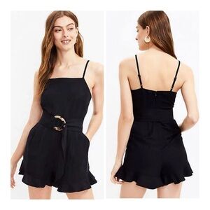 LOFT Size 2 Black Ruffle Belted Linen Blend Romper Pockets Adjustable Straps